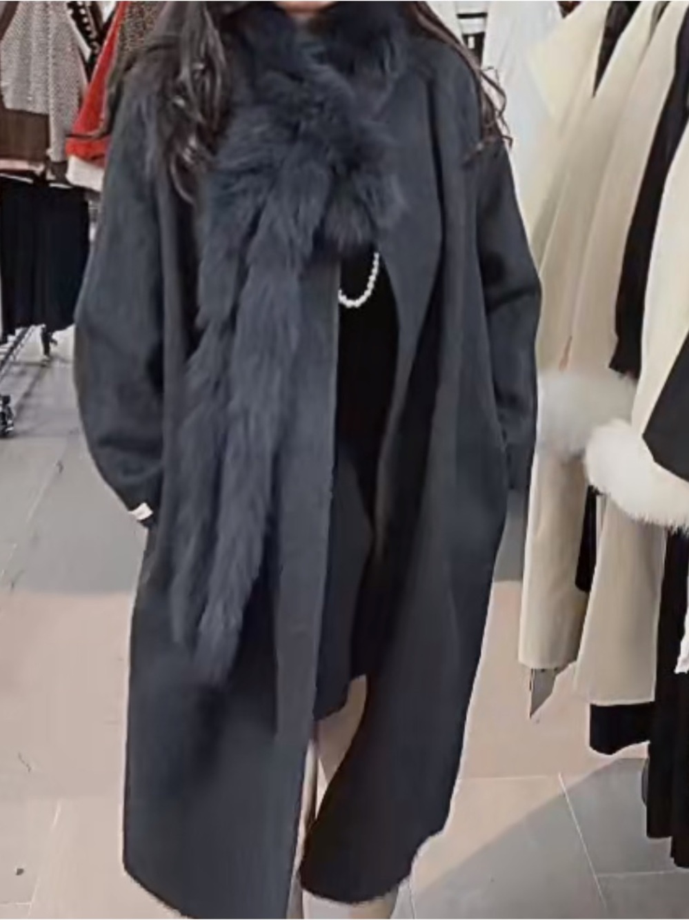 Dark gray Real Fur Trim Long Coat - Women's Elegant Wool Overcoat